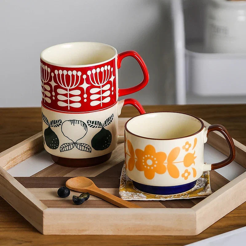 Coffee Mug 300ml Japanese Flower Ceramic Set Retro Drinkware Office Entertaining Fall 2025 Ergonomic Handgrip Gift