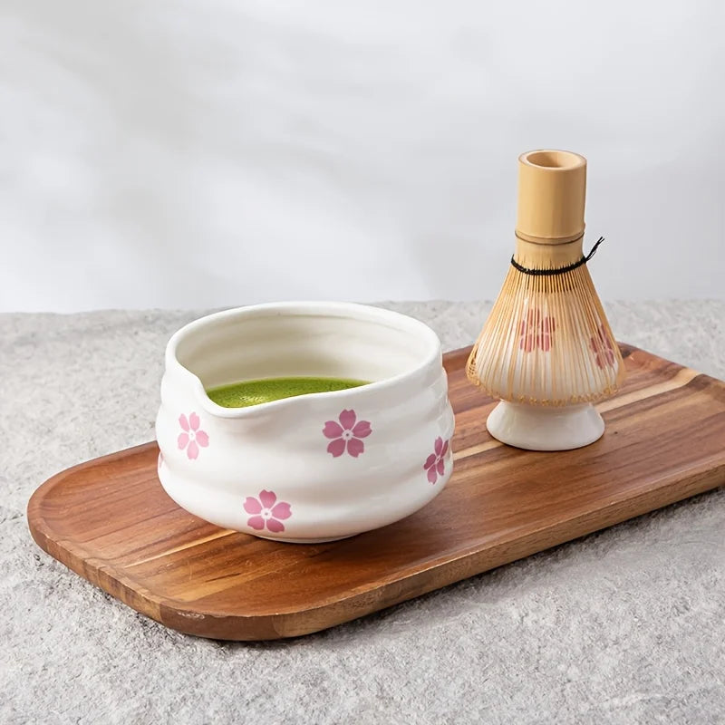 Matcha Bowl White Ceramic Sakura Matcha Tea Set With Bamboo Whisk And Strainer Spring 2025 Gift