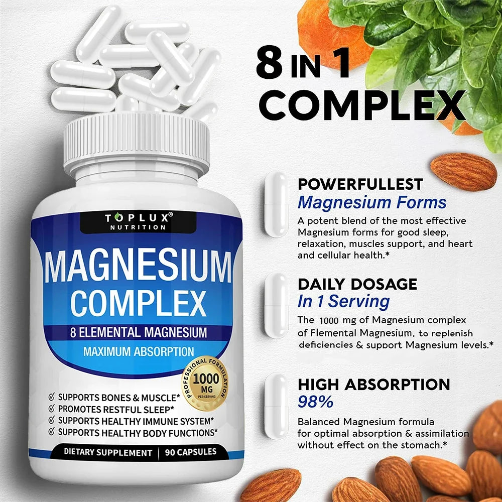 Magnesium Complex 1000mg 8 Elemental Magnesium Dietary Supplement Fall 2026 Wellness High Absorption Sleep Support