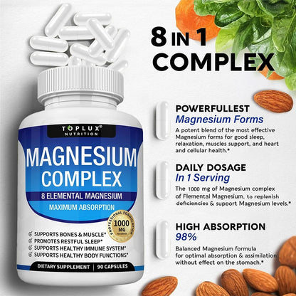 Magnesium Complex 1000mg 8 Elemental Magnesium Dietary Supplement Fall 2026 Wellness High Absorption Sleep Support