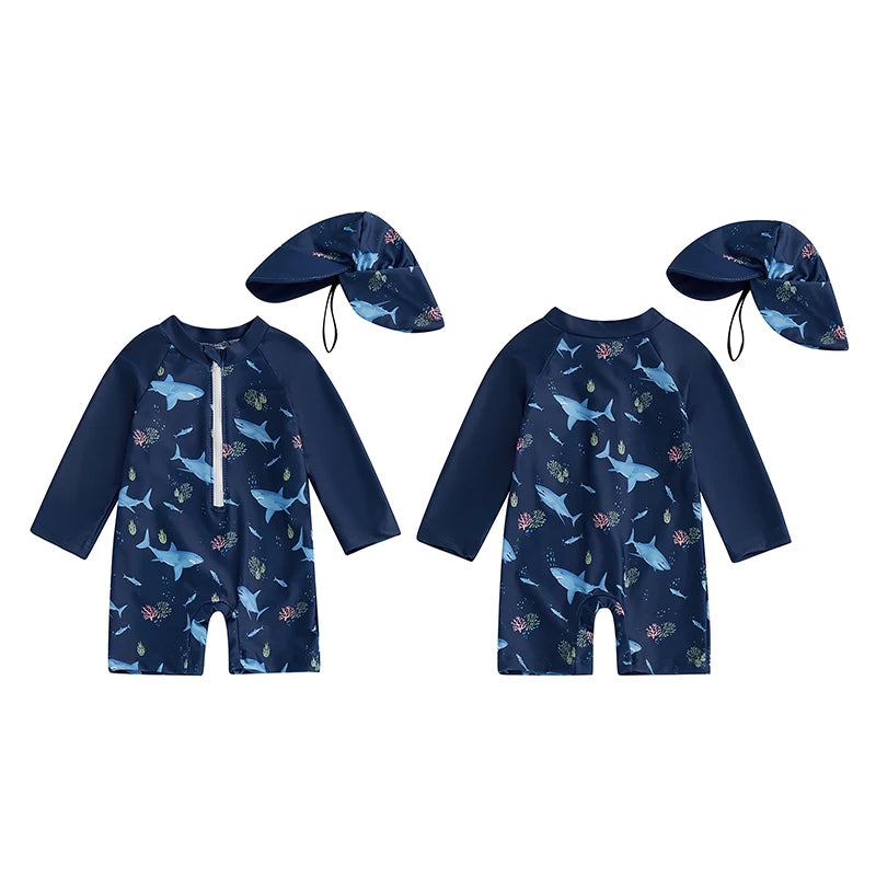 Back view of boys shark print long sleeve rash guard swimwear set