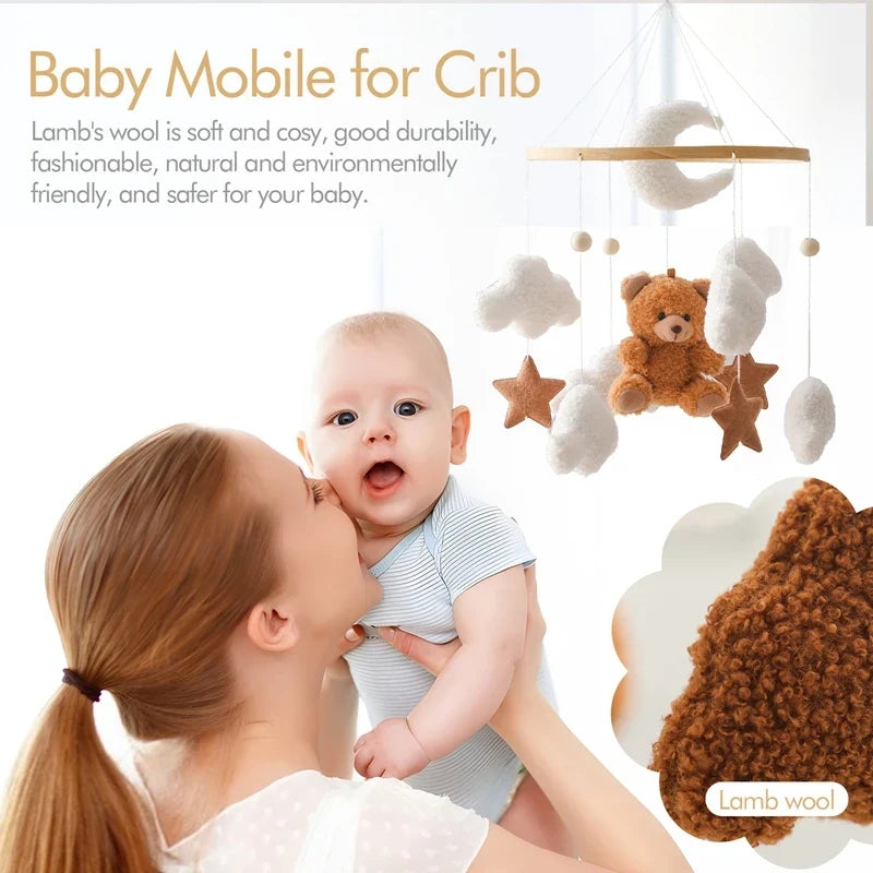 Wooden Crib Mobile Felt Bear Musical Newborn Sensory Toys