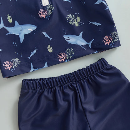 Detail shot of the Blue baby boys 3-piece zip rash guard swimwear set