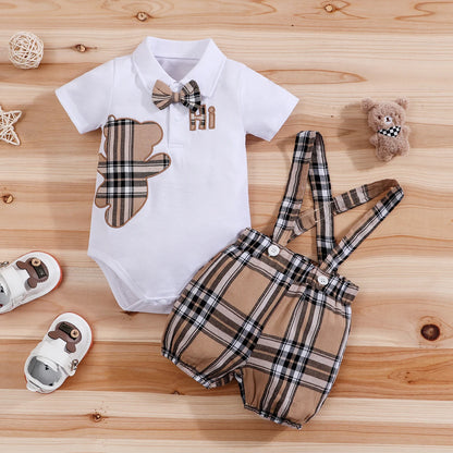 Baby boys short sleeve plaid bear bodysuit with suspender trousers