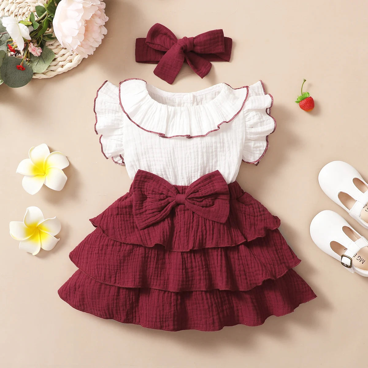 Baby girls red wine three layer cupcake occasion dress