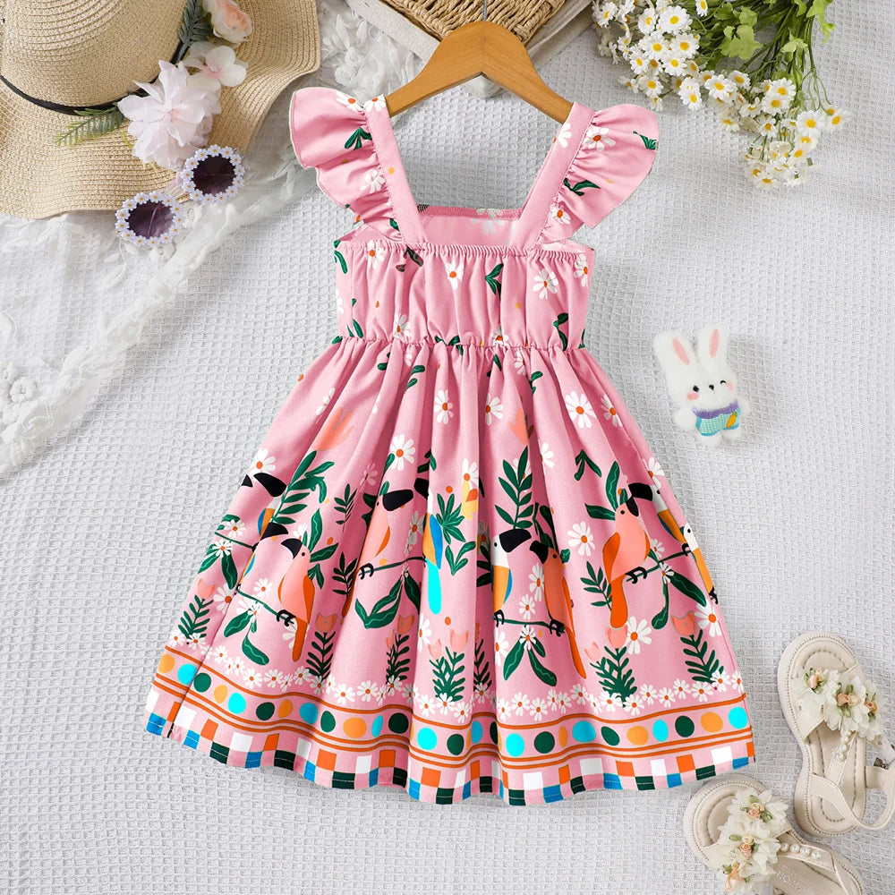 Focus on the neckline and sleeve features of the girls botanical print flutter sleeve dress