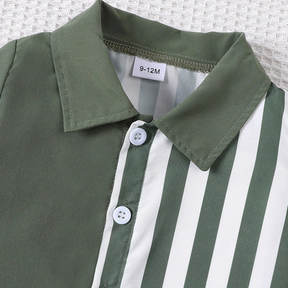 Styling option and alternate perspective of the baby boys colour block short sleeve shirt and shorts set