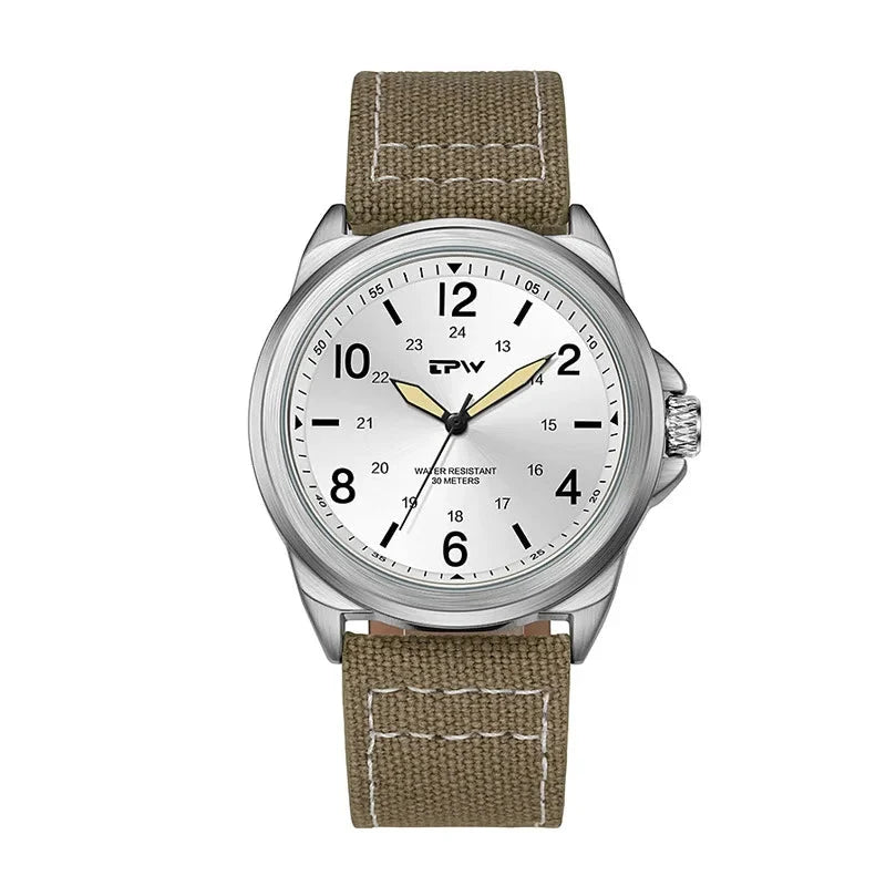 Rugged Field Watch 42mm Fabric Strap Military Analog 30M