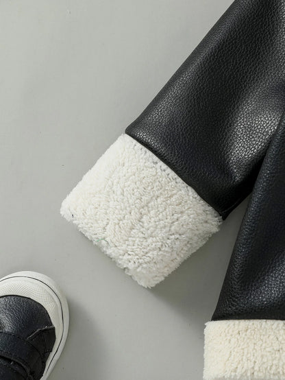 Side or lifestyle view of baby boys black leather winter jacket