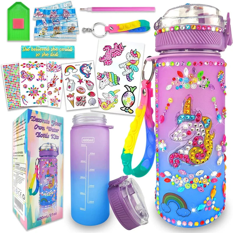 DIY Mermaid & Unicorn Water Bottle Craft Kits for Girls - Fun Arts and Crafts Birthday Gift with Fidget Keychain