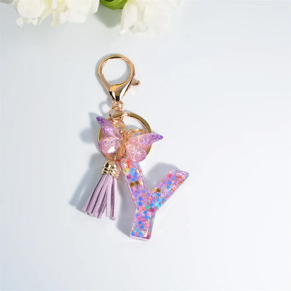Sequin Letter Keychain With Butterfly Tassel Charm