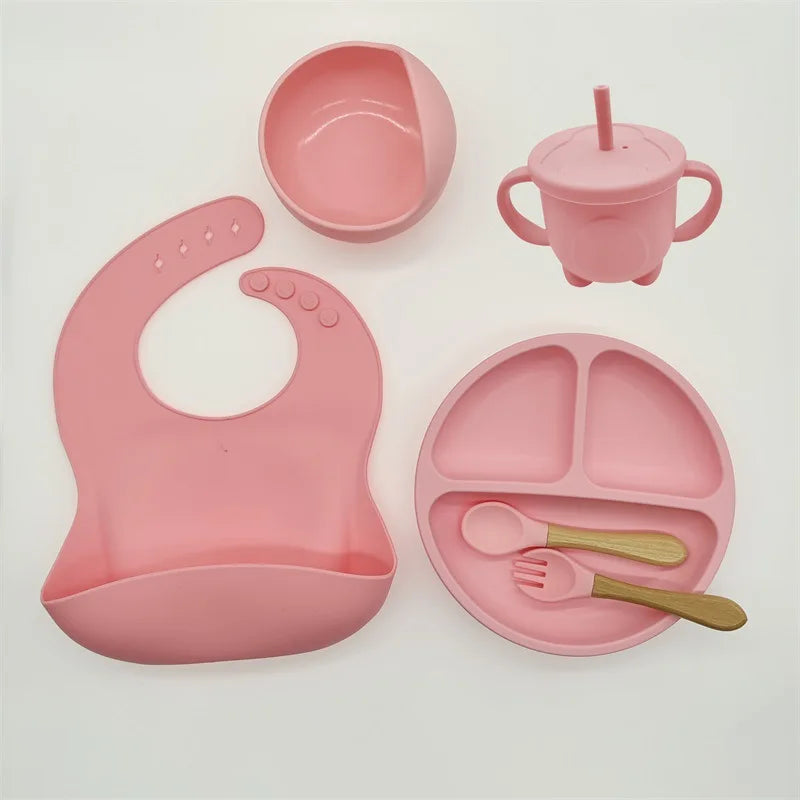 Baby Silicone Tableware Set 8 Piece Suction Bowls Divided Plate Bib Spoon Fork Fall 2025 Self Feeding Aid