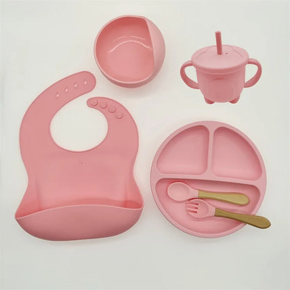 Baby Silicone Tableware Set 8 Piece Suction Bowls Divided Plate Bib Spoon Fork Fall 2025 Self Feeding Aid
