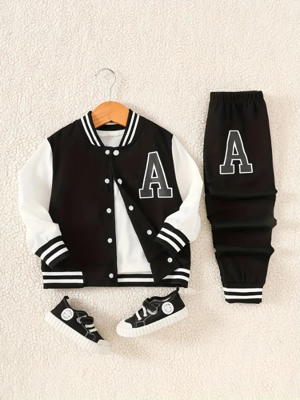 Side view of boys varsity letter jacket & sweatpants set