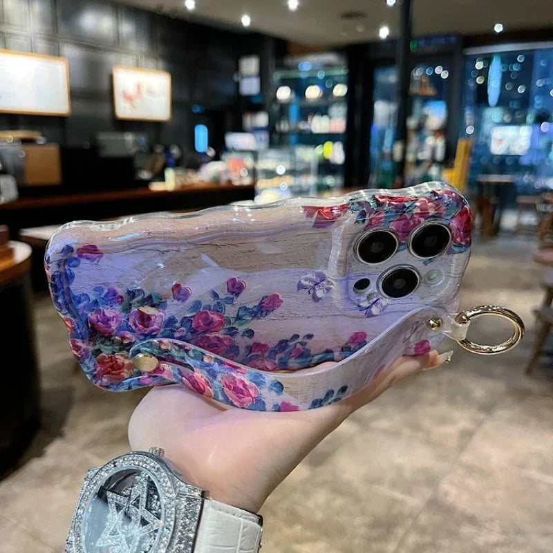 Oil Painting Flower Phone Case for iPhone 15 14 13 12 11 Pro Max with Wrist Band and Kickstand
