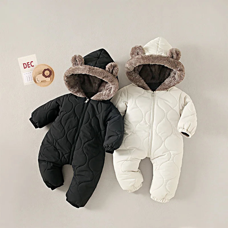 Side view of baby fleece lined hooded winter onesie