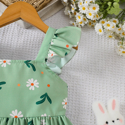 Close up highlighting the hem and stitching on the girls botanical print flutter sleeve dress