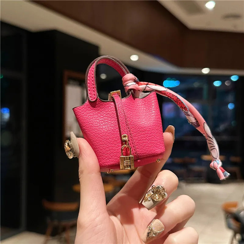 Birkin Inspired Mini Hand Bag - Leather Basket Bag Charm Keychain & Earphone Case