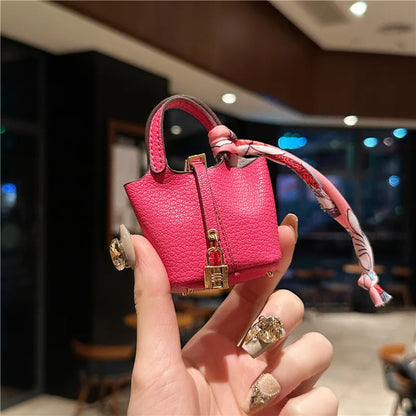 Birkin Inspired Mini Hand Bag - Leather Basket Bag Charm Keychain & Earphone Case