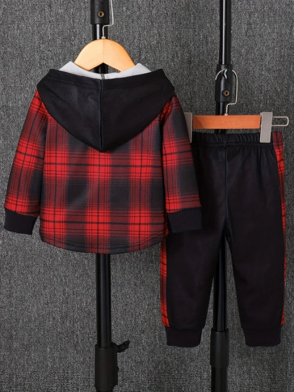 Side view of baby boys plaid fleece lined hooded outfit