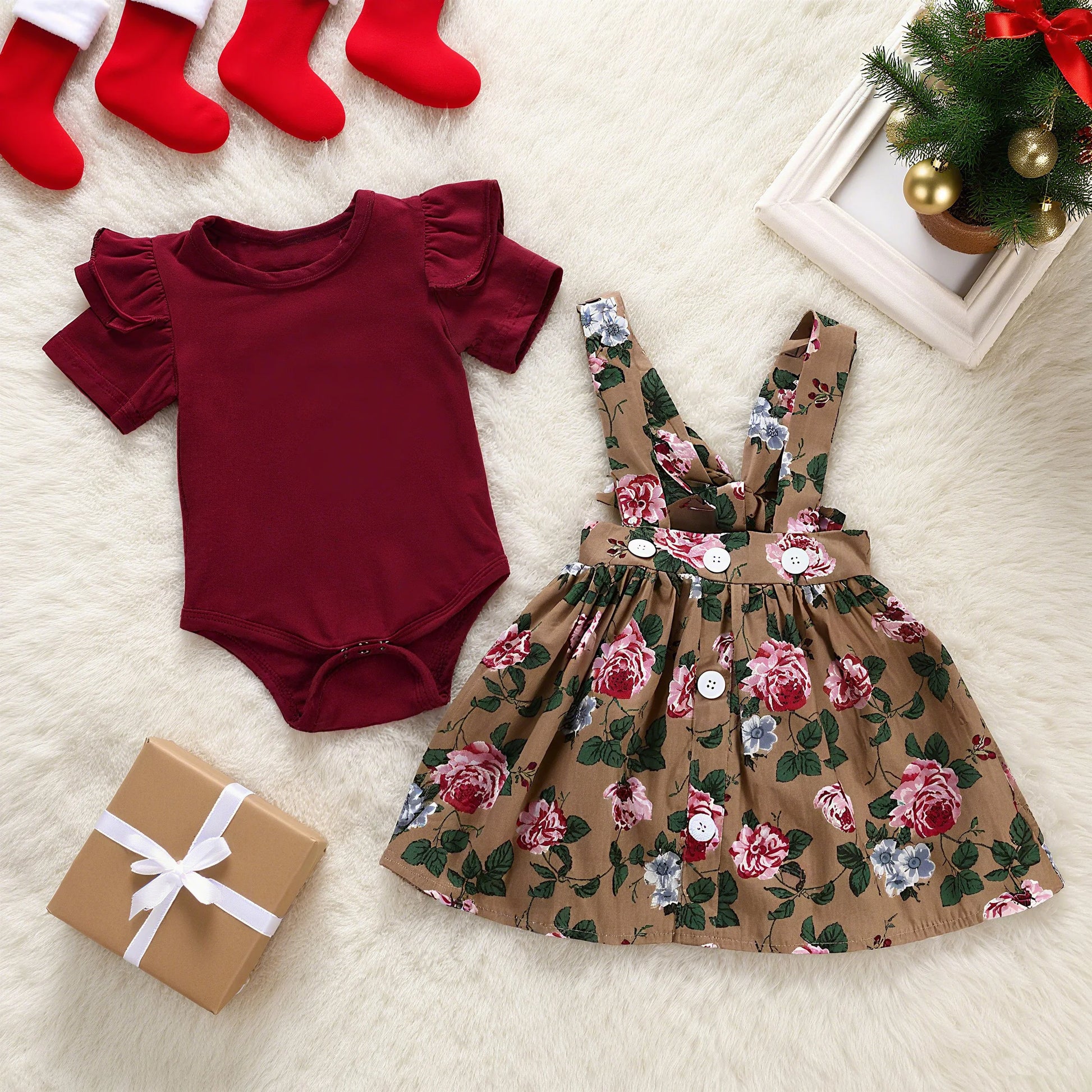 Christmas floral romper with matching suspender skirt and headband for baby girls