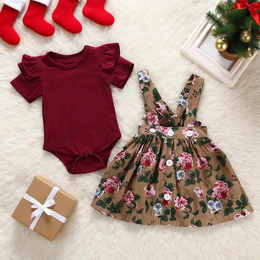 Christmas floral romper with matching suspender skirt and headband for baby girls