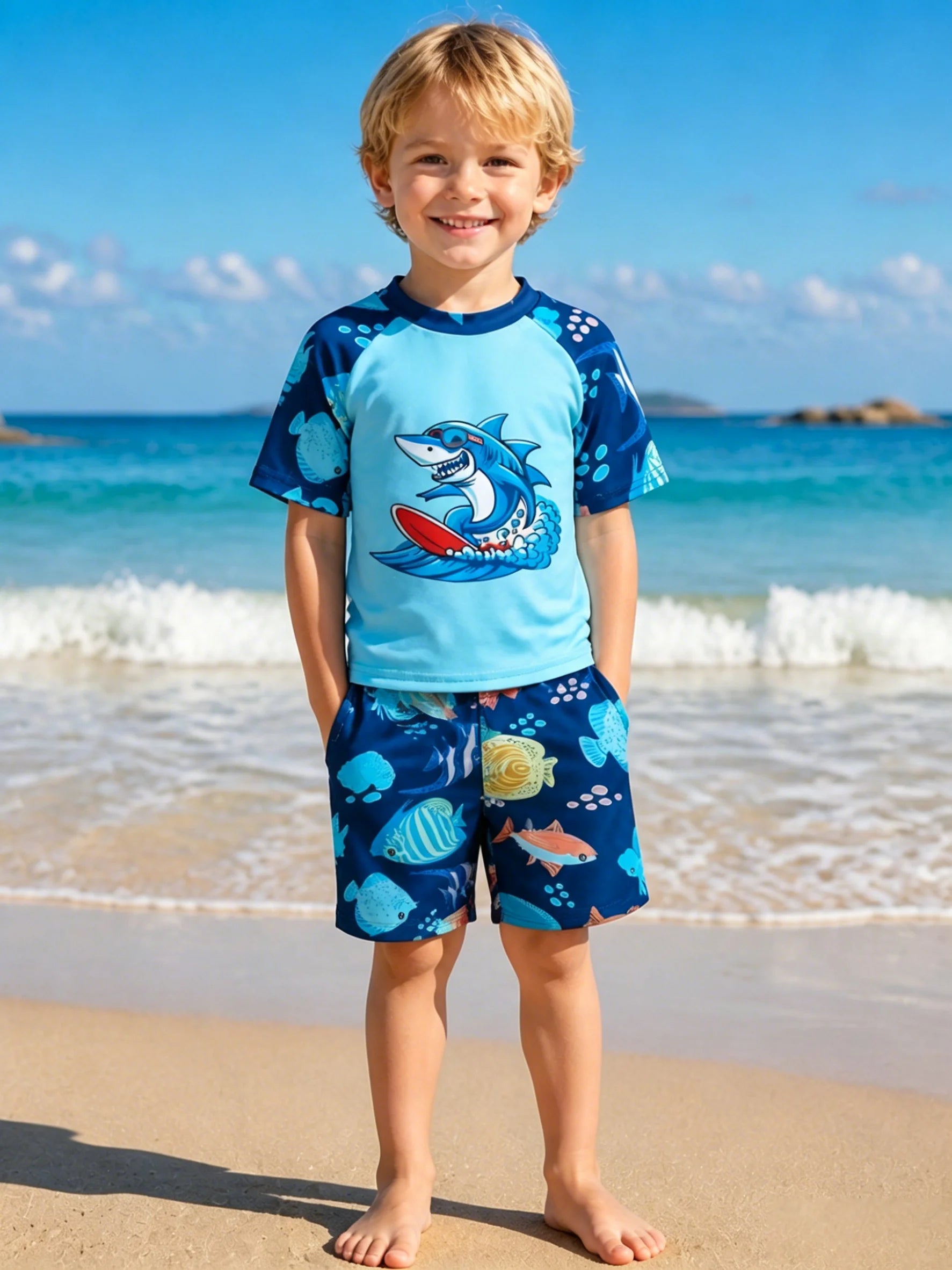 Back view of boys shark print short sleeve swimwear set