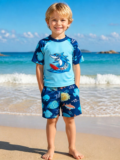 Back view of boys shark print short sleeve swimwear set
