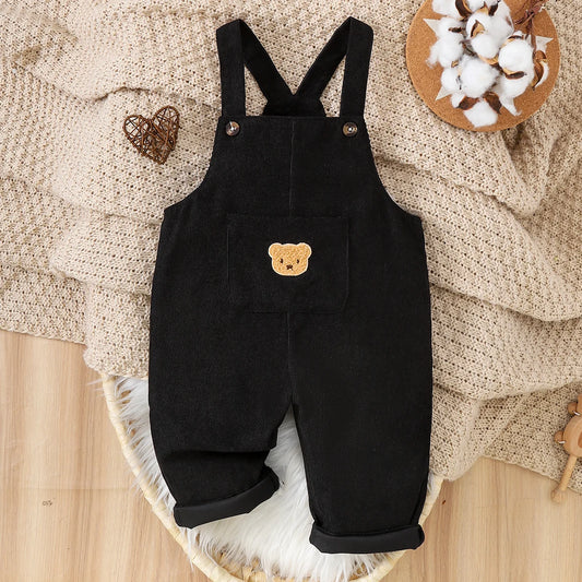 Baby warm fluffy winter overalls in corduroy fabric with cartoon decoration