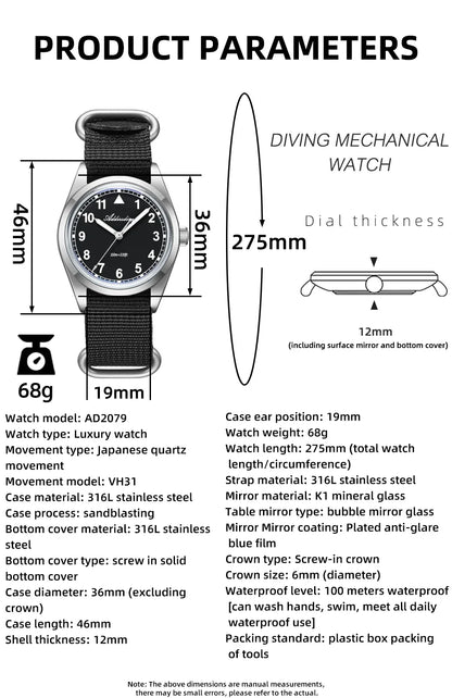 Waterproof Diver Quartz Watch Luminous Hands, Nylon Strap, 100m Water Resistance