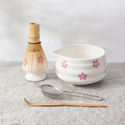 Matcha Bowl White Ceramic Sakura Matcha Tea Set With Bamboo Whisk And Strainer Spring 2025 Gift