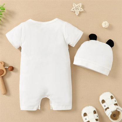 Back or secondary profile shot of the baby boys panda bear short sleeve romper and hat set