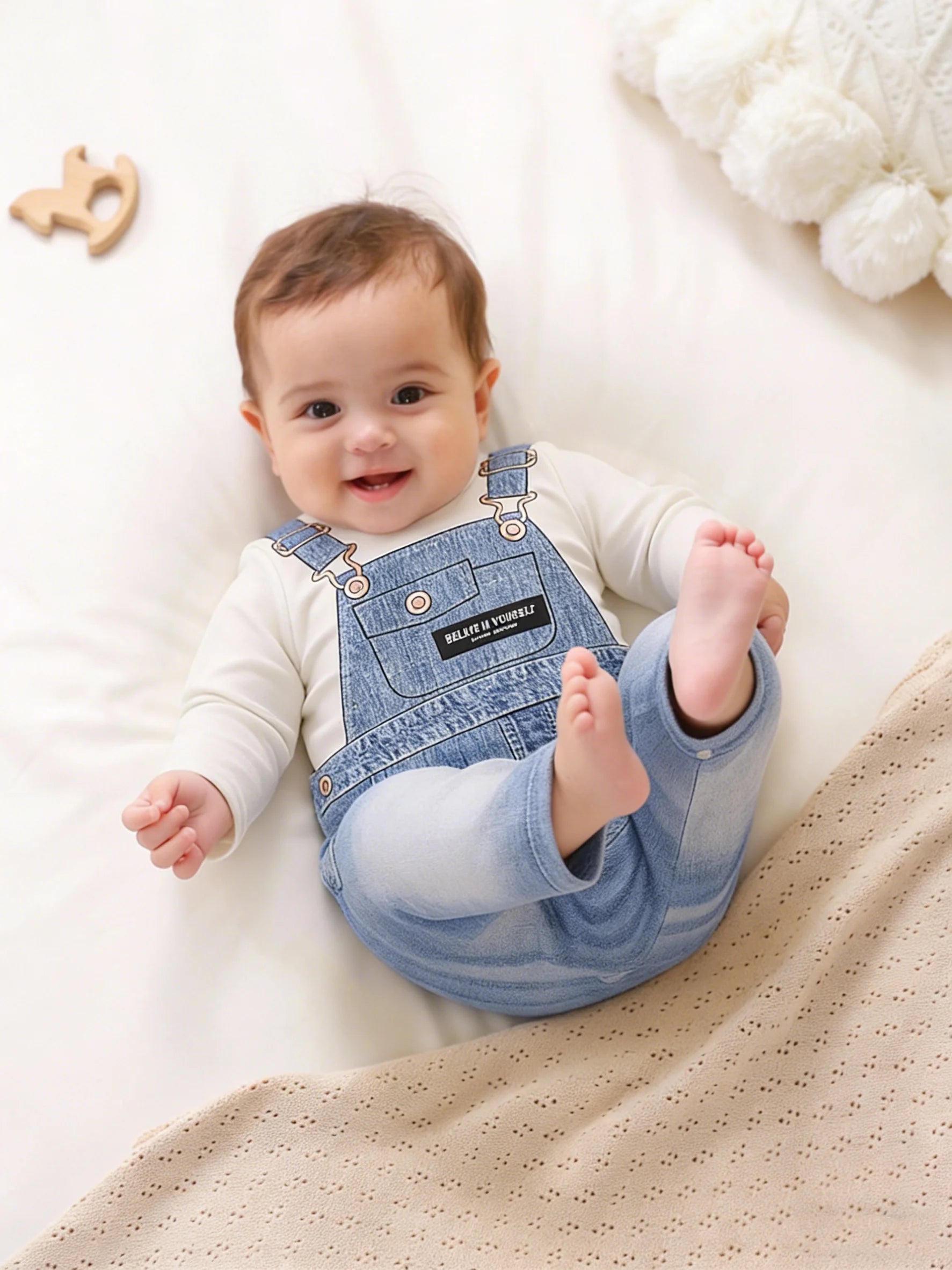 Back view of baby boys faux denim print long sleeve romper