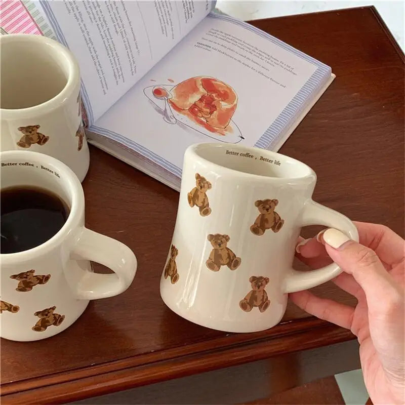 Ceramic Mug Cream Teddy Bear Print Coffee Cup With Handle Korean Cute Breakfast Mug Fall 2025 Cute Gift Easy Grip