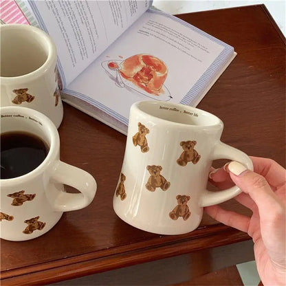 Ceramic Mug Cream Teddy Bear Print Coffee Cup With Handle Korean Cute Breakfast Mug Fall 2025 Cute Gift Easy Grip