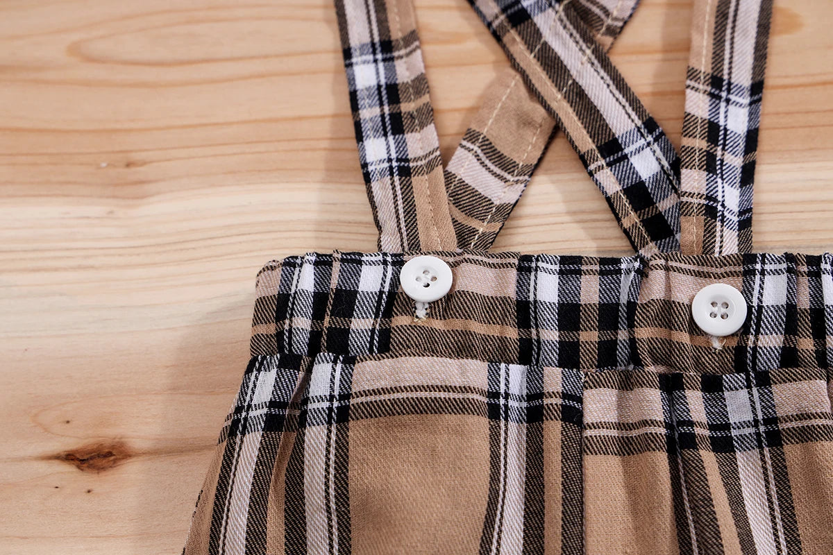 Back view of baby boys plaid bear bodysuit & trousers set