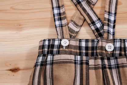 Back view of baby boys plaid bear bodysuit & trousers set