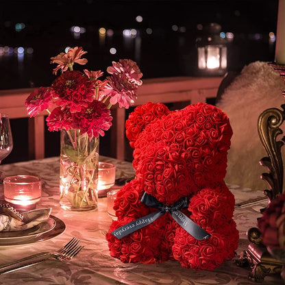 Faux Rose Teddy Bear with Gift Box and Lights - Romantic Anniversary or Valentine's Day Gift, Wedding Decor