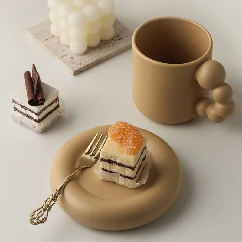 Ceramic Coffee Mug With Tray Beaded Handle Nordic Handmade Cup Fall 2025 Gift Decorative Serving