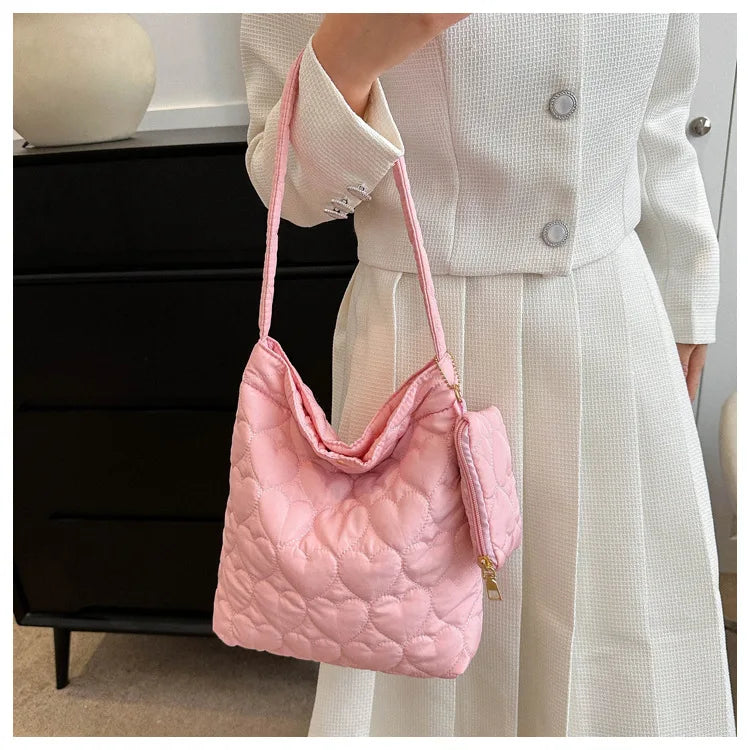 Cozy women's quilted tote – padded square shoulder bag, polyester, casual everyday