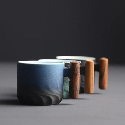 Espresso Cup Porcelain With Wooden Handle Handmade Vintage Mug, Fall 2025 Cozy Gift For Coffee Lovers