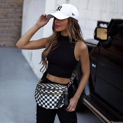 Versatile unisex crossbody bum bag – checkered nylon, box shape, travel and daily use
