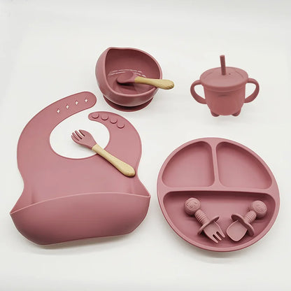 Baby Silicone Tableware Set 8 Piece Suction Bowls Divided Plate Bib Spoon Fork Fall 2025 Self Feeding Aid
