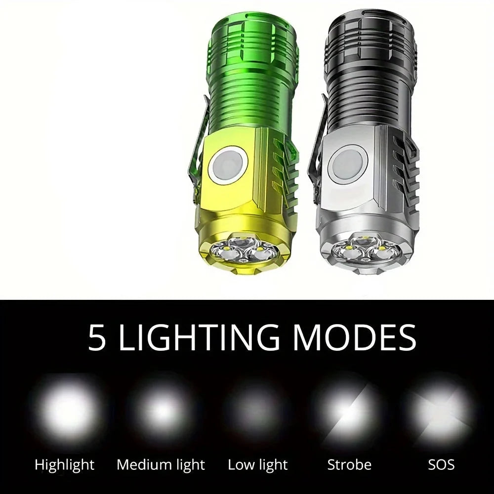 Tactical LED Mini Flashlight - USB Rechargeable 5 Modes Work Light for Hiking, Camping, Car Repair, Portable Torch with Clip & Magnet