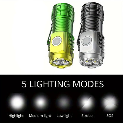 Tactical LED Mini Flashlight - USB Rechargeable 5 Modes Work Light for Hiking, Camping, Car Repair, Portable Torch with Clip & Magnet