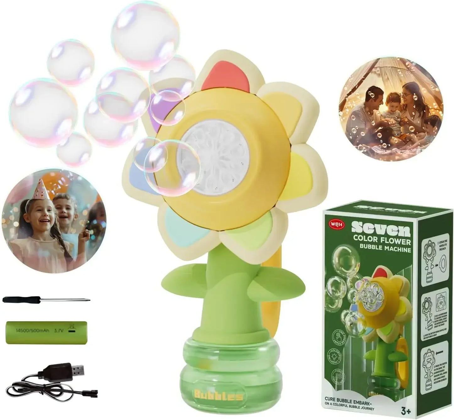 Bubble Machine for Kids Sunflower Design 3-Speed Portable Bubble Blower Toy for Parties