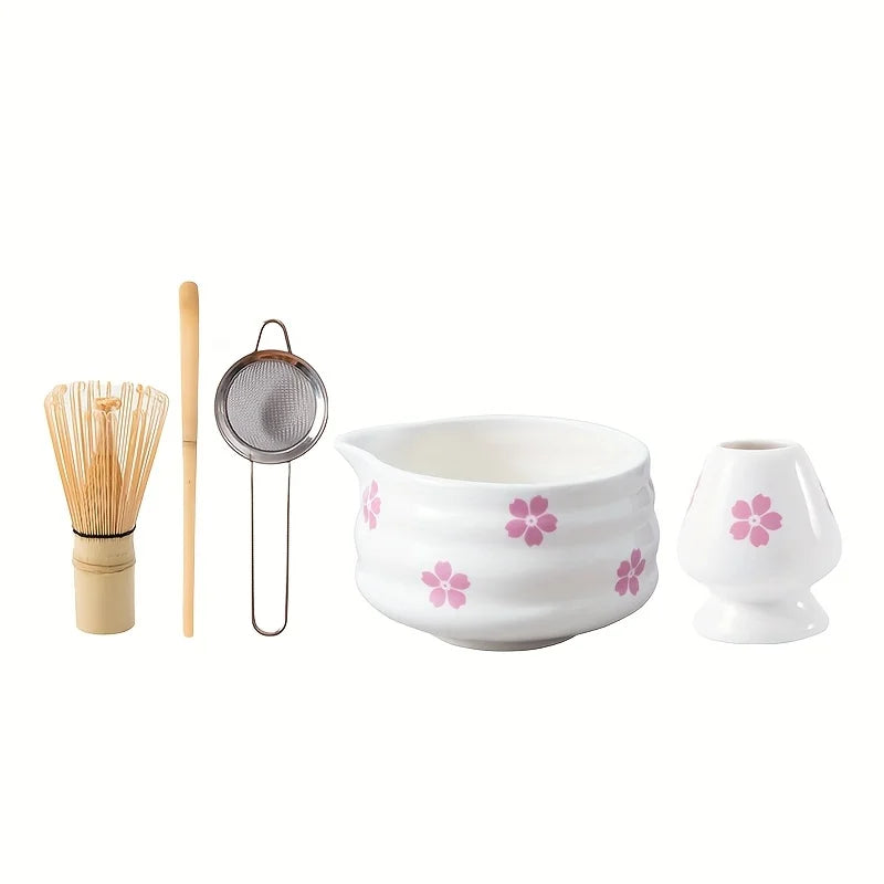 Matcha Bowl White Ceramic Sakura Matcha Tea Set With Bamboo Whisk And Strainer Spring 2025 Gift