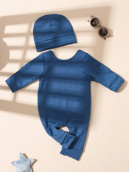 Back view of newborn boys letter print button bodysuit and hat