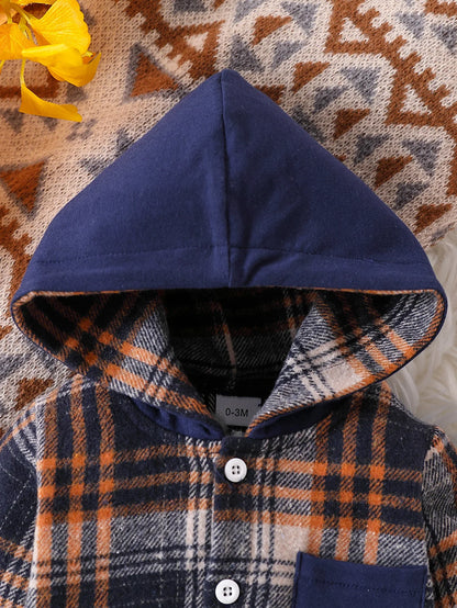 Side view of toddler boys plaid hooded top & overalls set
