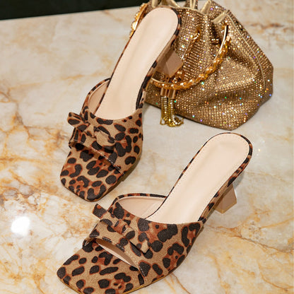 Soft women's mule - square-toe, open-toe leopard-print, chunky-heel, PU, casual wear